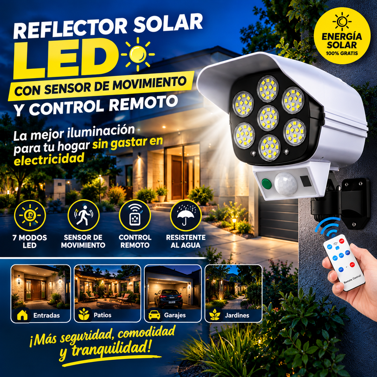 Foco Solar LED con Sensor de Movimiento y Control Remoto